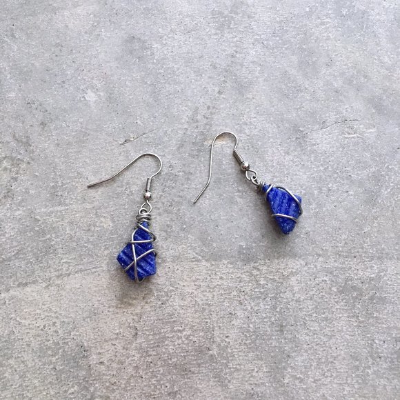 Silver Wire Wrapped Blue Tile Asymmetric Earrings - Picture 3 of 9